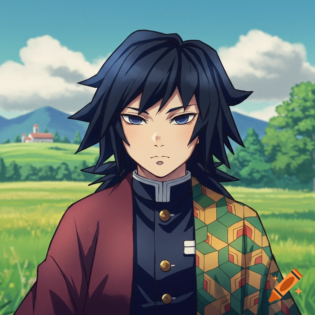 Giyu Tomioka from Demon Slayer in Studio Ghibli style anime illustration