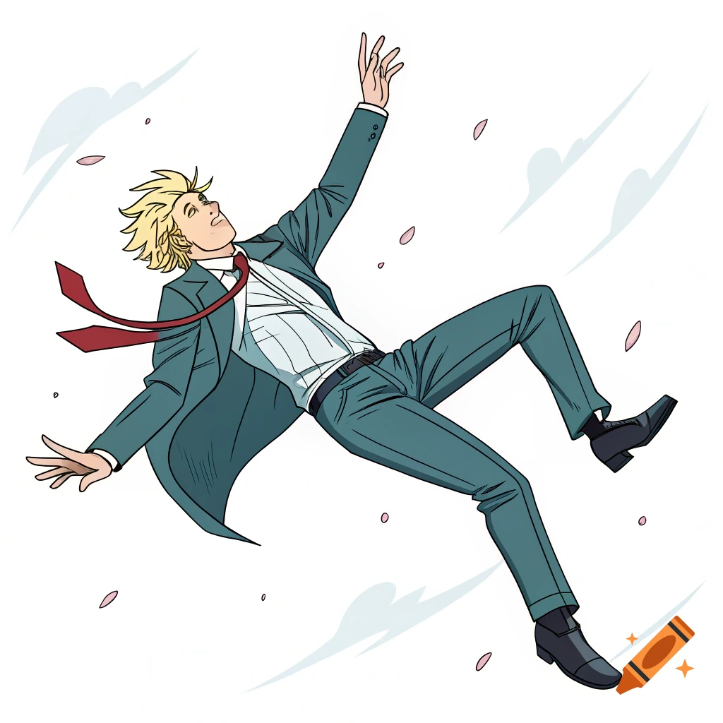 Anime illustration of a character in a suit falling through the air with flower petals and clouds.
