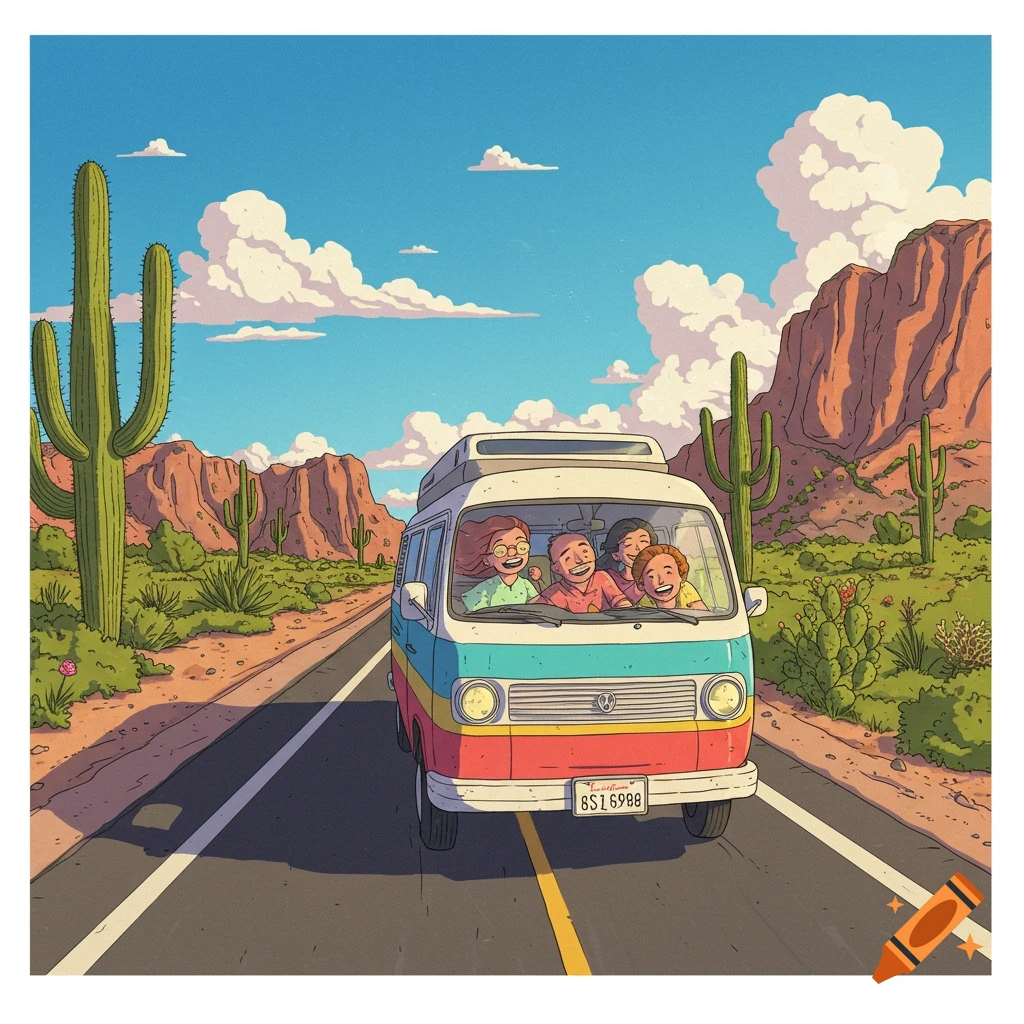Cartoon illustration of a family driving in a colorful van down a desert highway with cacti and mountains.