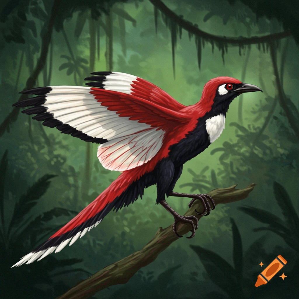 A vibrant red, black, and white bird with spread wings perches on a branch in a verdant rainforest.