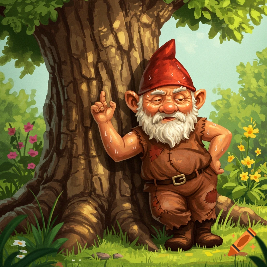 Exhausted garden gnome leaning on a tree