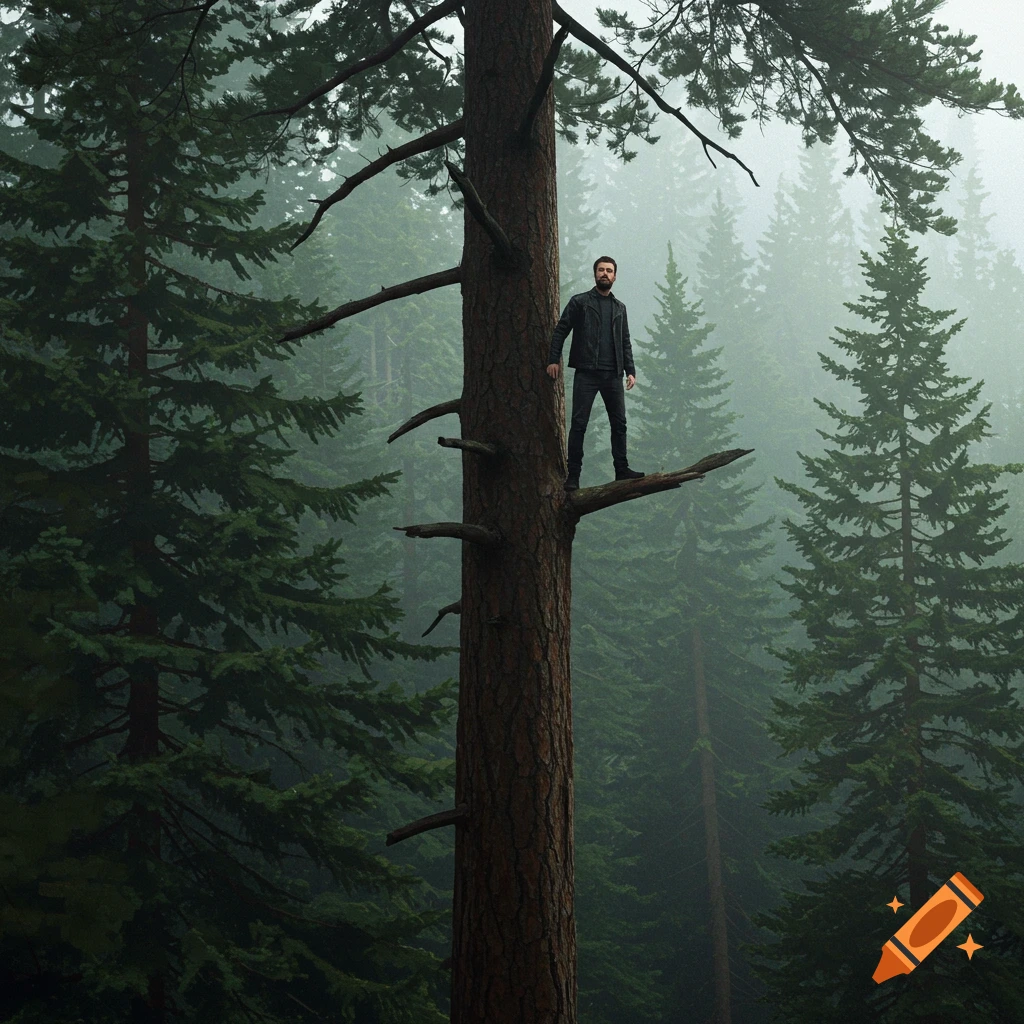 A man stands on a high tree branch overlooking a misty forest.