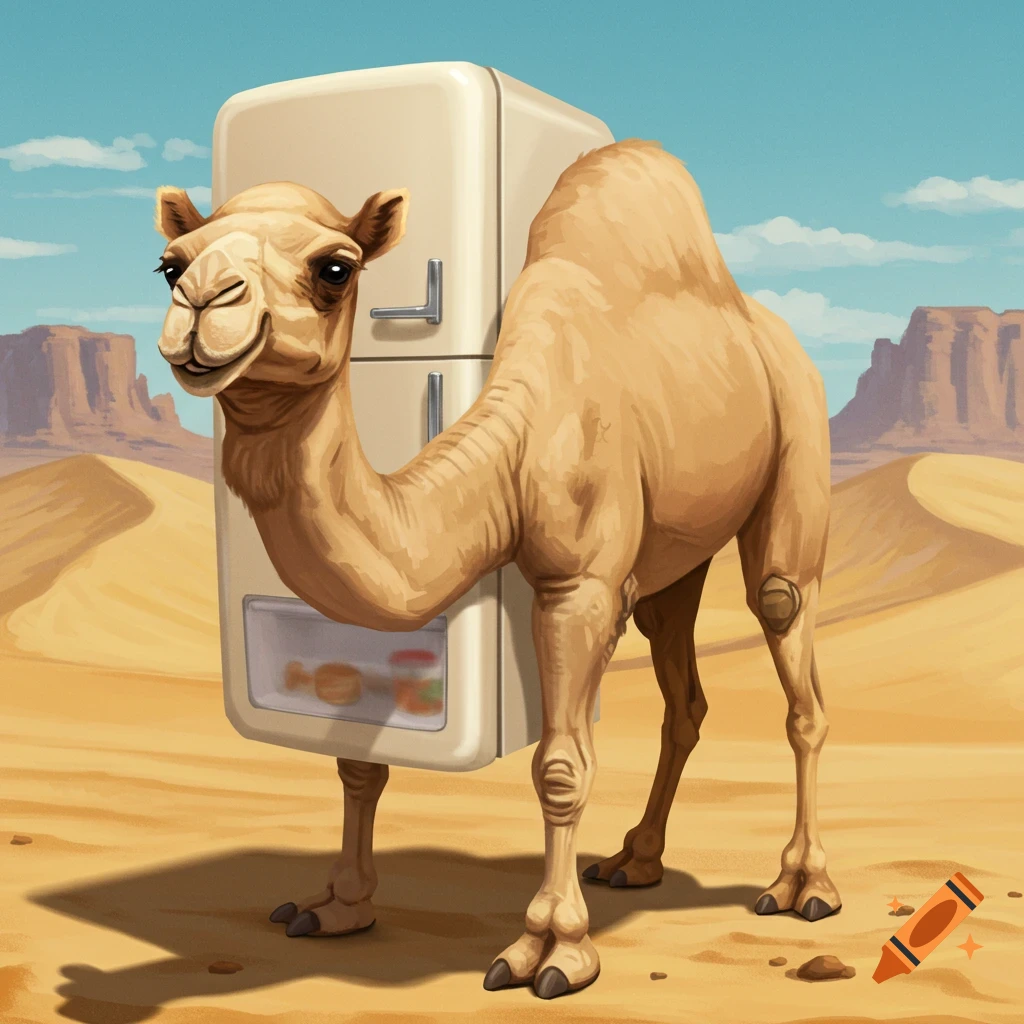 A camel with a refrigerator body stands in a desert landscape.
