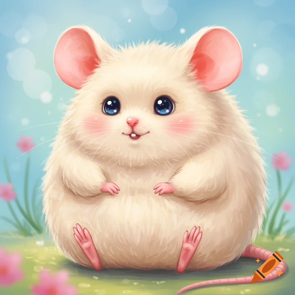 A cute fluffy white cartoon mouse with big eyes sits in the grass.