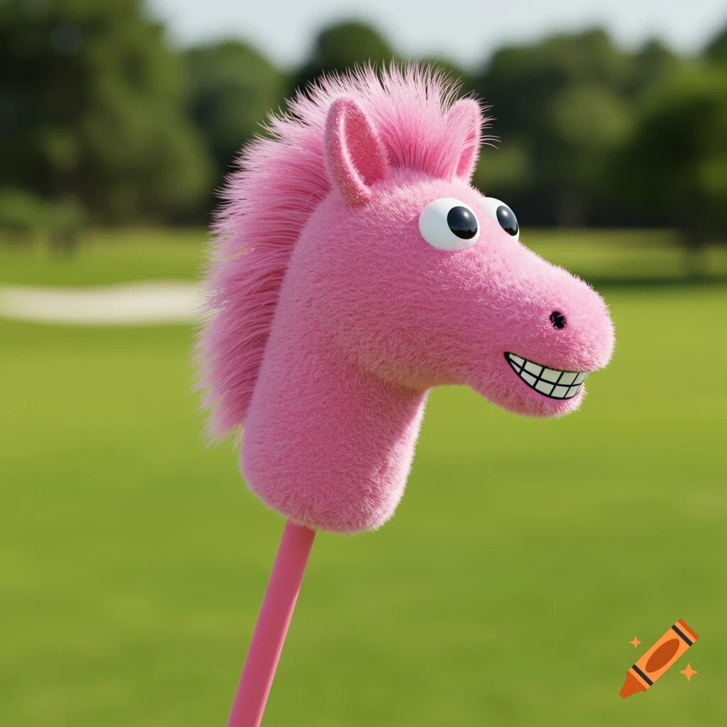A pink fuzzy cartoon stick horse with big eyes and a wide grin against a green background.
