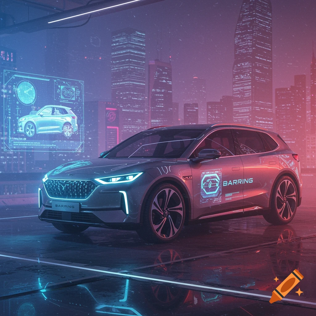 A futuristic car with neon lights parked in a cyberpunk city with holographic displays.