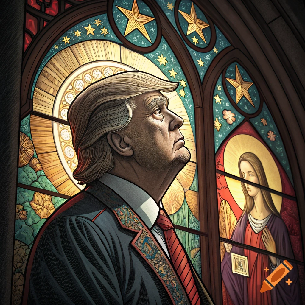 Stained glass window depicting Donald Trump in the style of religious iconography.