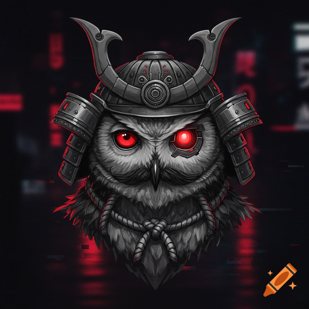 A cyberpunk owl wearing a samurai helmet with a red cybernetic eye and a handlebar mustache, in monochrome with red accents.