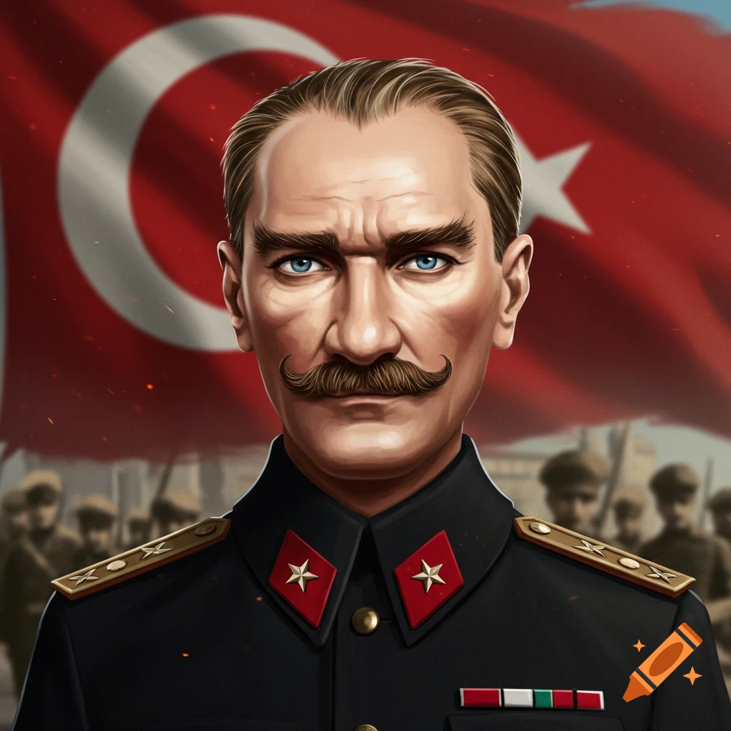 Illustration of Mustafa Kemal Atatürk in military uniform in front of a large Turkish flag.
