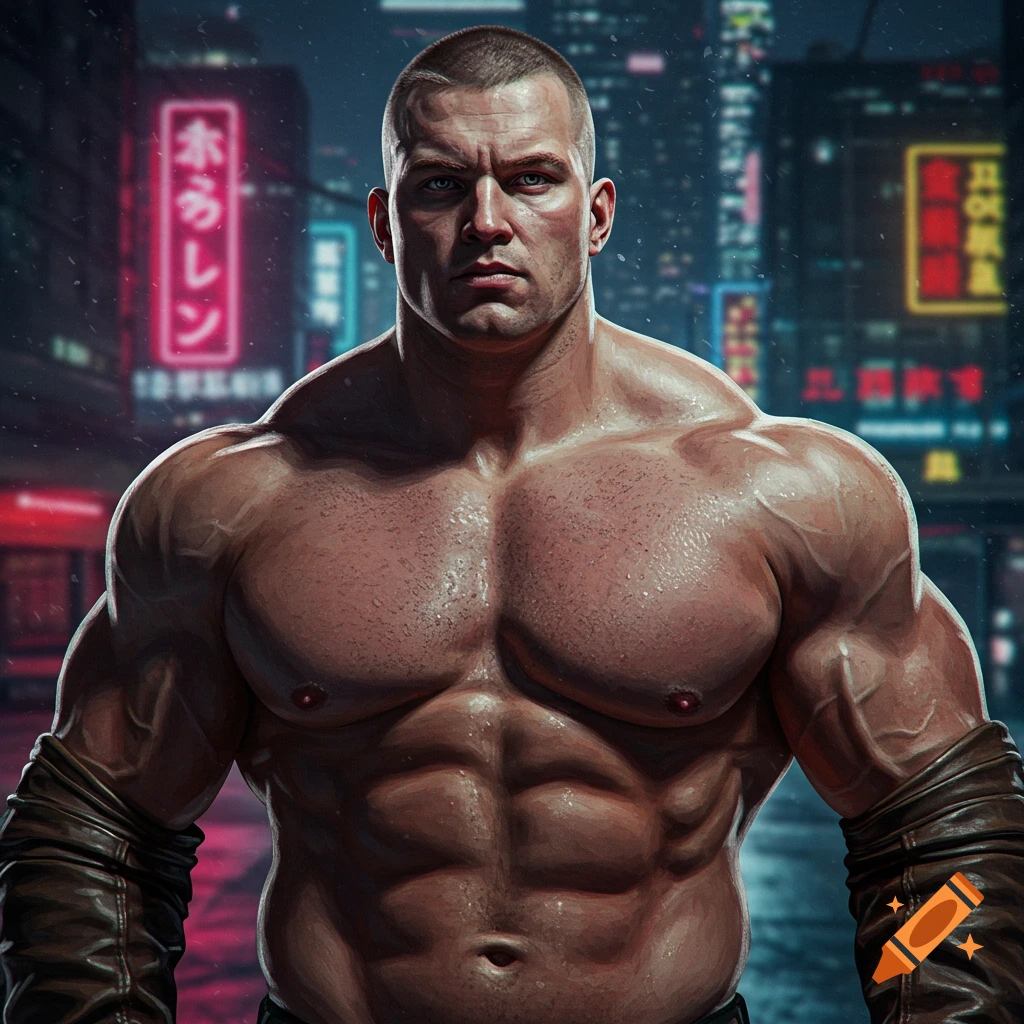 Painting of a muscular man in a cyberpunk city with neon signs.