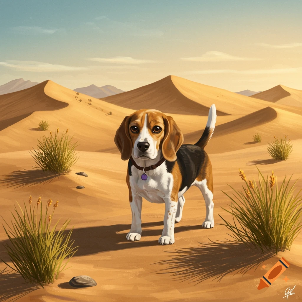 An illustration of a beagle dog standing in a sandy desert landscape.