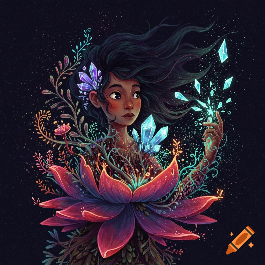 Illustration of a person emerging from a lotus flower, surrounded by plants and glowing crystals.
