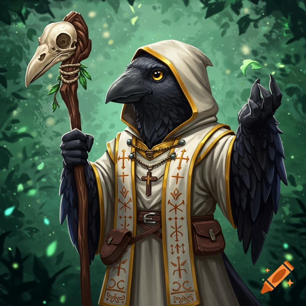 A hooded crow figure in cleric robes holds a staff with a skull in a forest.