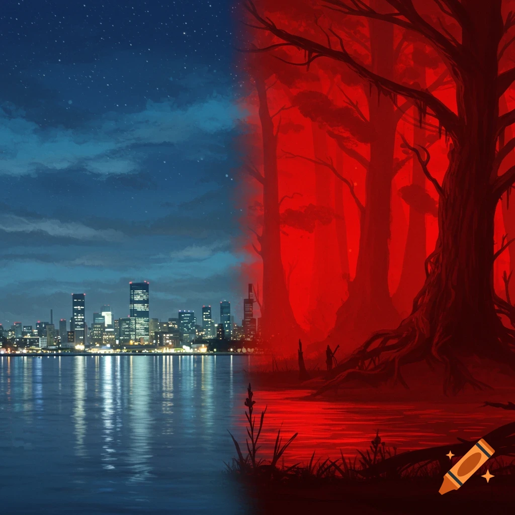 A landscape split down the middle with a city at night on one side and a red forest on the other.