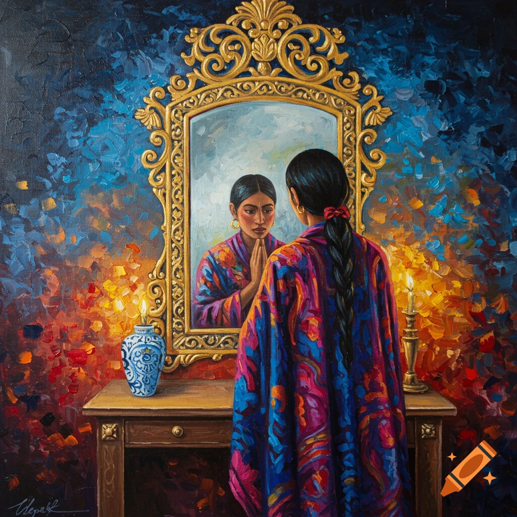 Painting of a woman in colorful clothes looking into an ornate mirror.