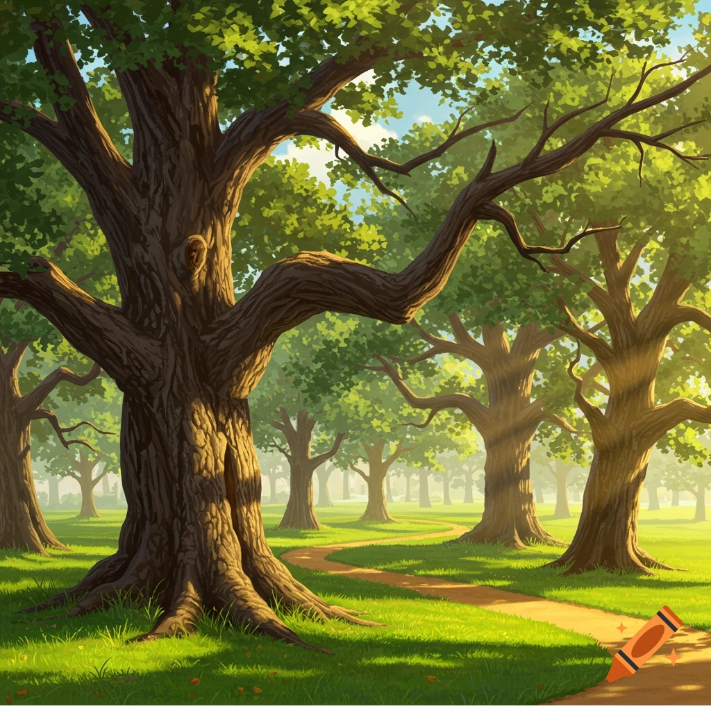 A sunny park scene with large oak trees casting shadows on a winding dirt path through grassy fields.