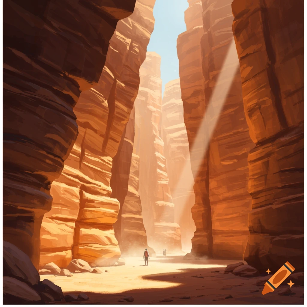 Illustration of a vast canyon with light beams shining down on figures walking along the path below.