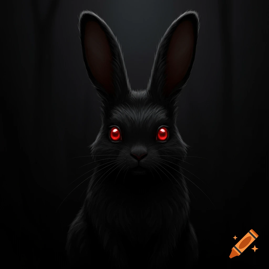 A black rabbit with large red eyes looks out from the darkness.