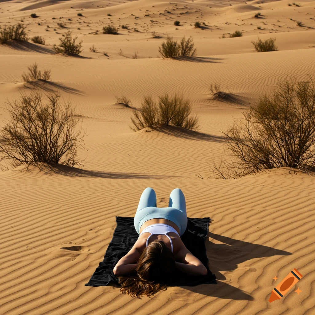 A woman lies on a black mat in the desert sand dunes.