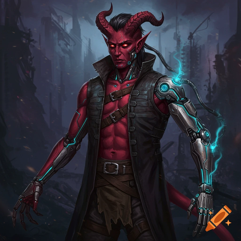 A red-skinned tiefling character with large horns and intricate cybernetic implants stands in a dark, ruined city.