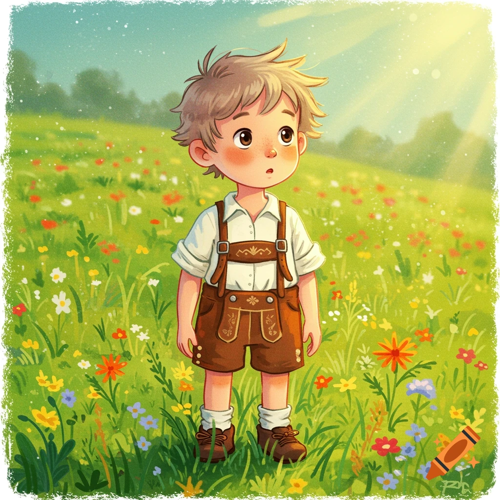 An illustration of a young boy in lederhosen standing in a sunny field of wildflowers.