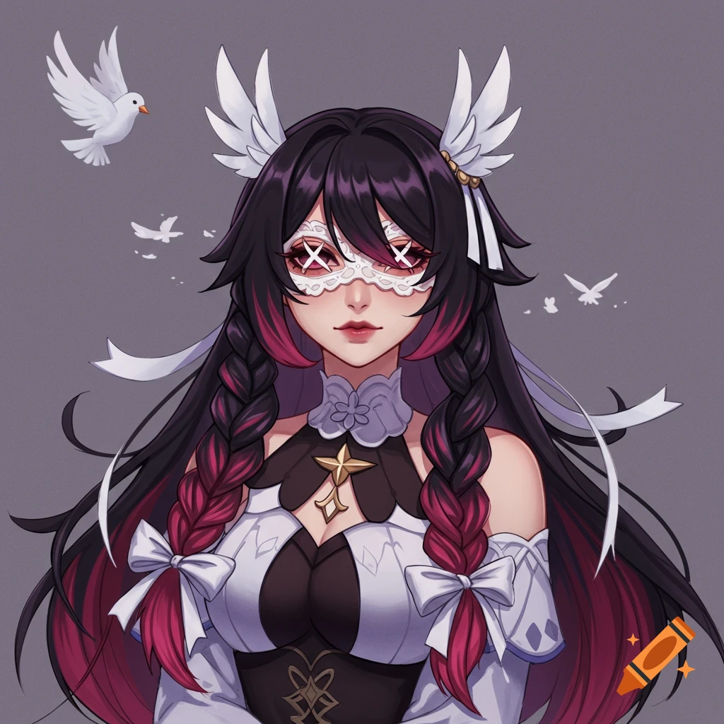Columbina from Genshin Impact with black hair, pink highlights, and white X mask