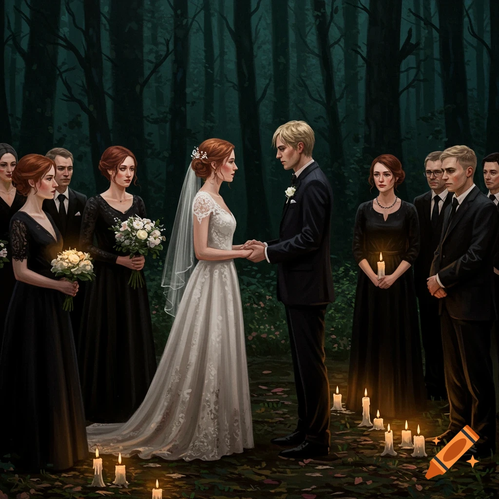 Wedding in dark woods with red-haired bride and blonde-haired groom, everyone in black with candles.