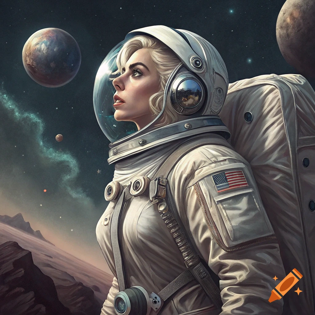 Woman in astronaut suit on alien planet looking up at planets in space.
