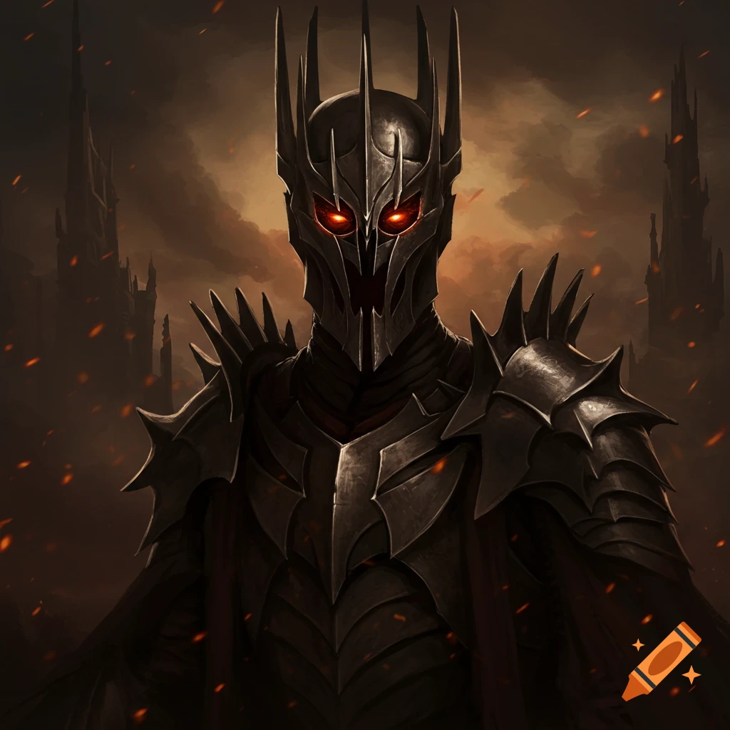 Close-up of a dark armored character with glowing red eyes and spiky crown against a fiery background.