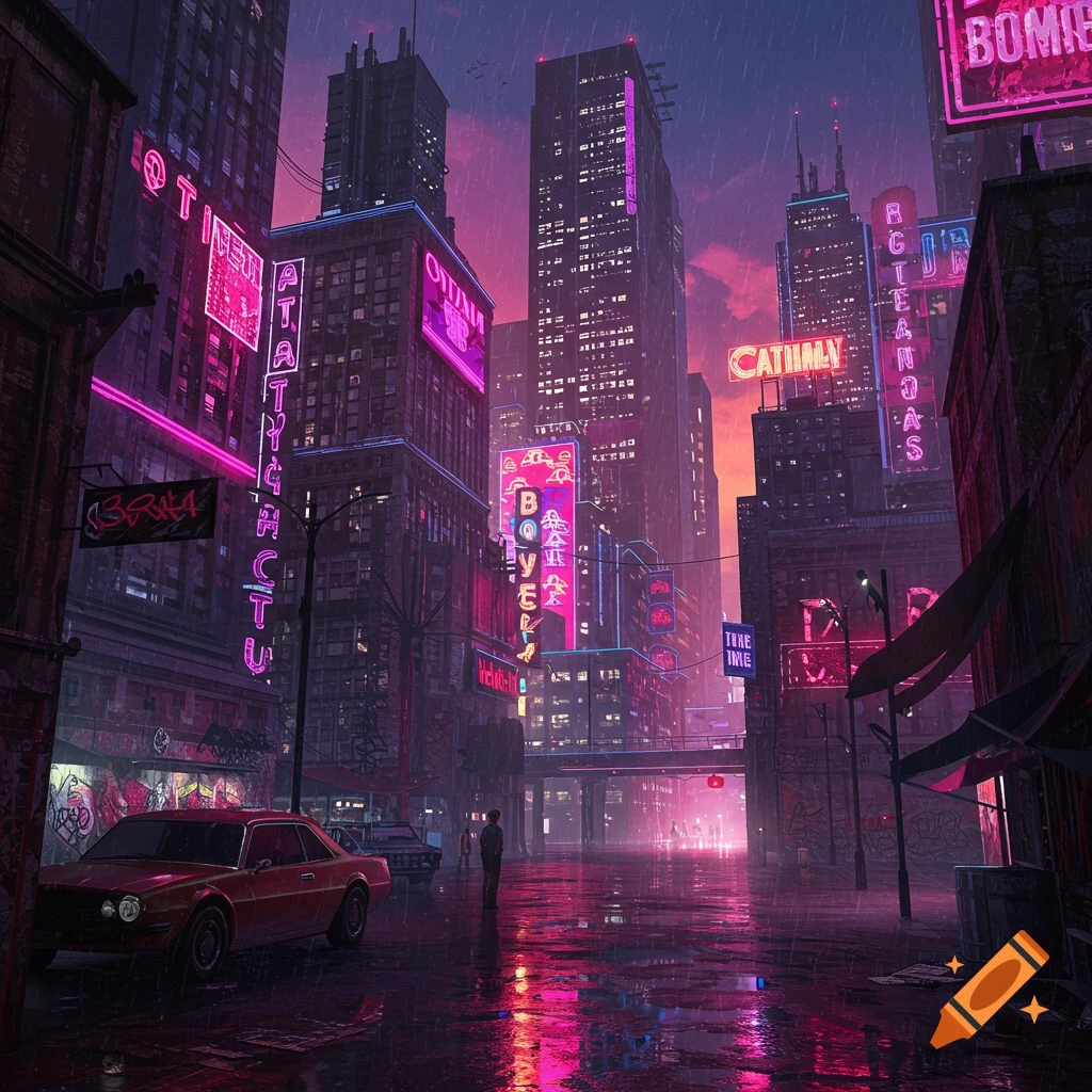 Gotham-themed city with neon lights and a blend of 70s, 80s, and contemporary aesthetics