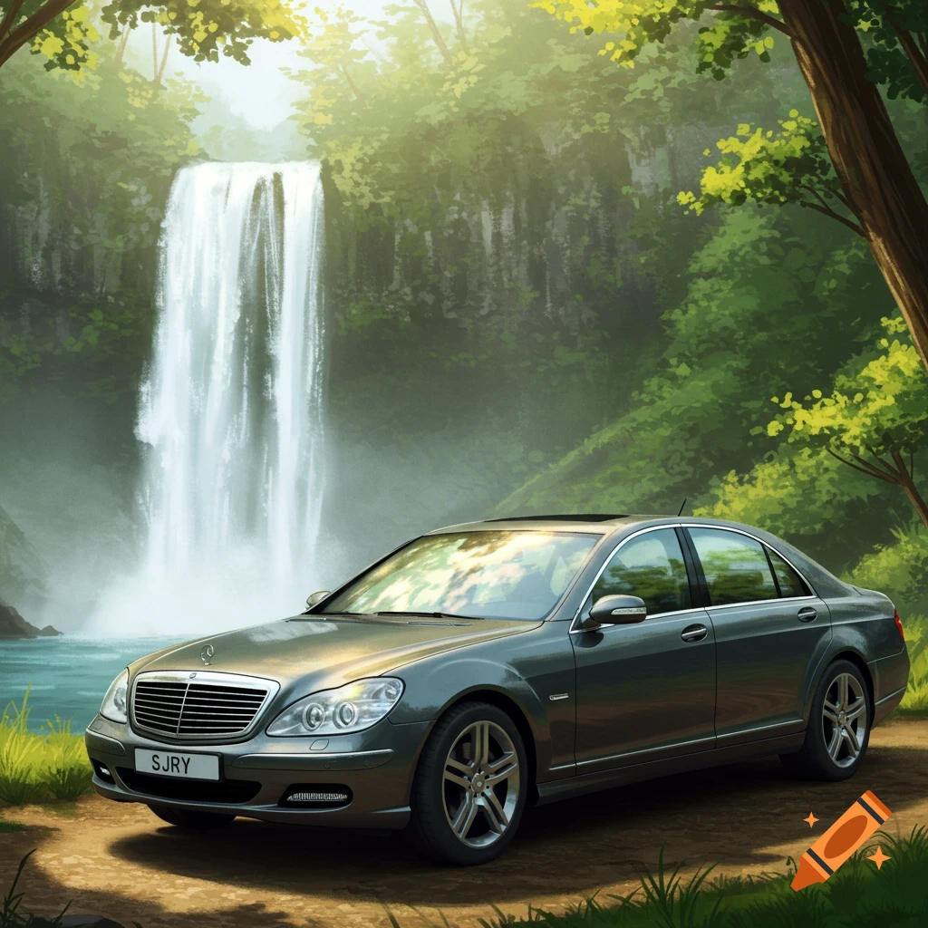 A grey car is parked on a dirt road in a forest clearing near a large waterfall.
