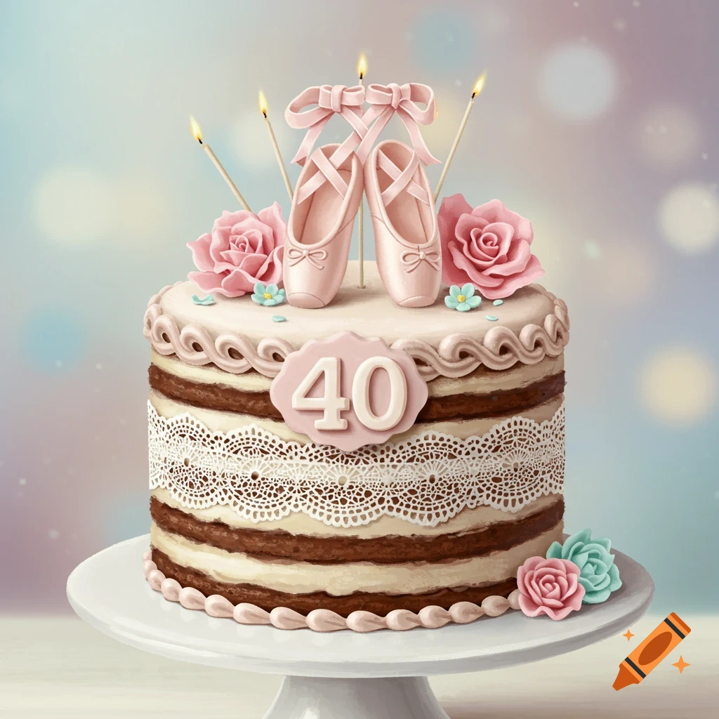 Fancy birthday cake with lace, ballet shoes, pink flowers, and the number 40