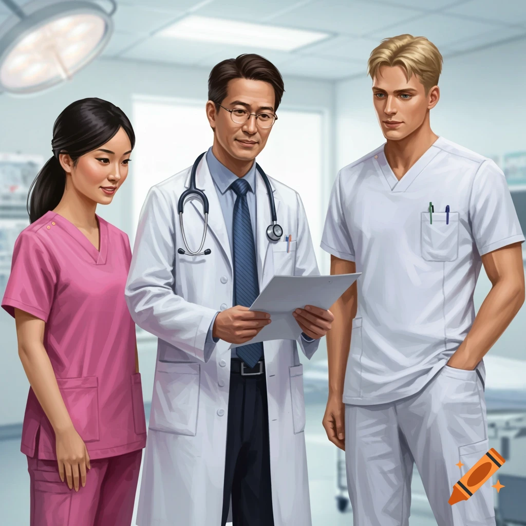 An illustration of a doctor and two nurses standing in a hospital room.