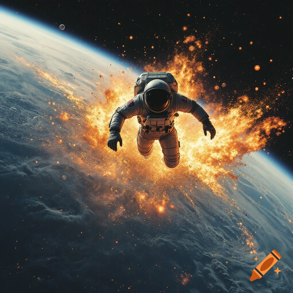 Astronaut floats over Earth with a large explosion behind them.