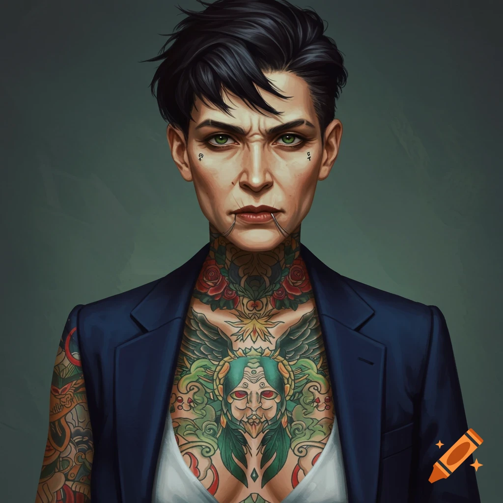 Stylized portrait of a person with short dark hair, green eyes, facial piercings, a suit, and extensive colorful tattoos on the neck, chest, and arms.