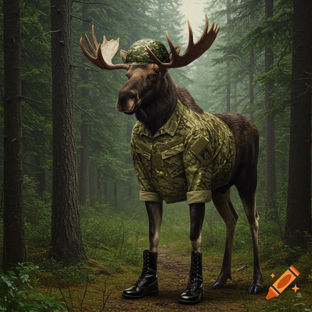 A moose wearing a military uniform and combat boots stands on a forest path.