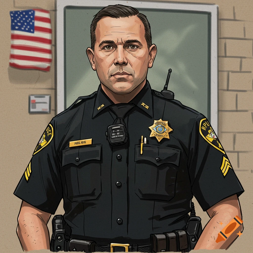 An illustration of a male police officer in a black uniform standing with an American flag in the background.