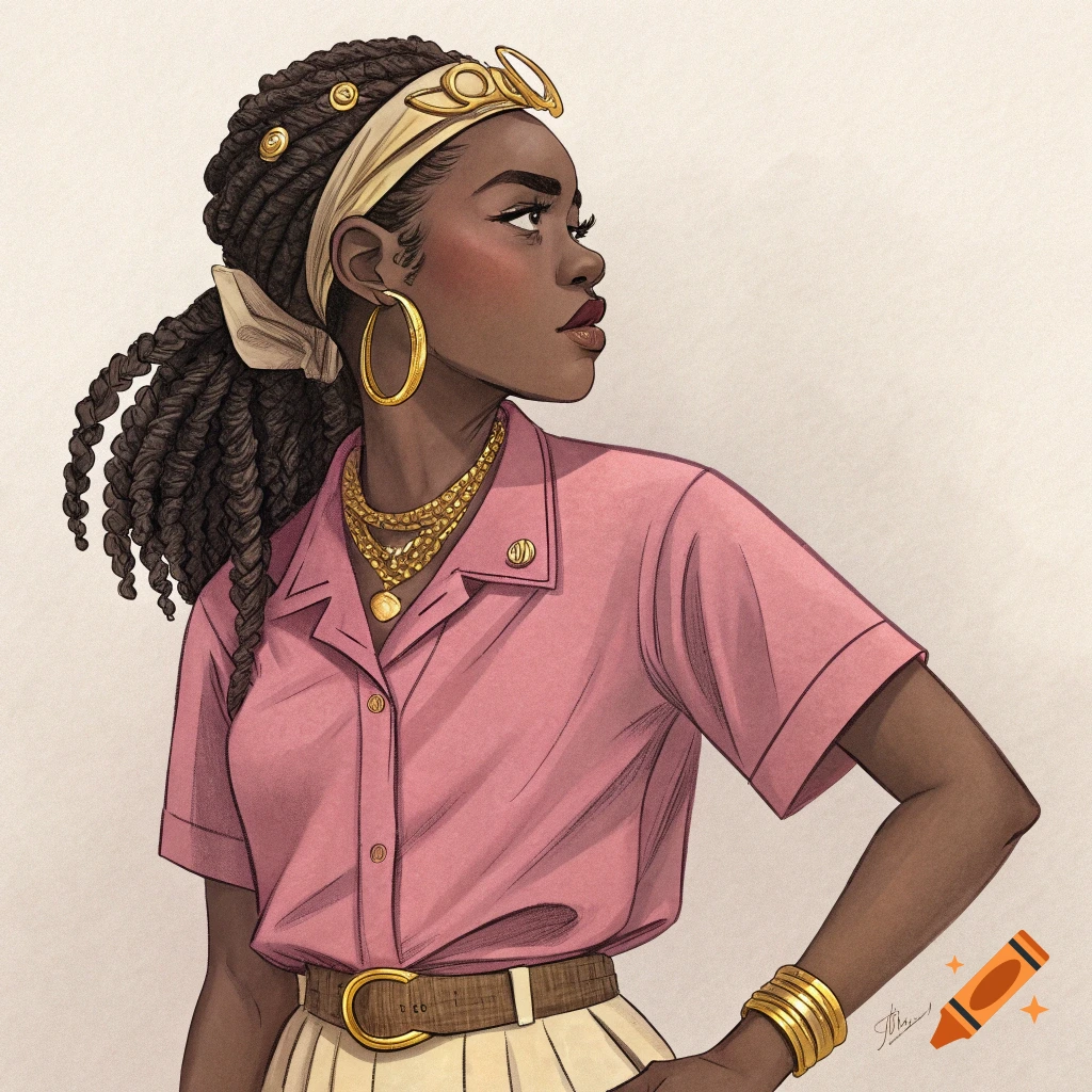 Illustration of a woman with braided hair, wearing a pink shirt, gold headband, and gold jewelry.