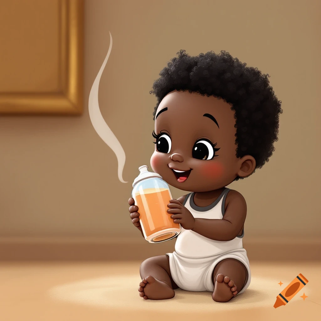 Black baby holding a Baby Brew self-heating bottle cartoon