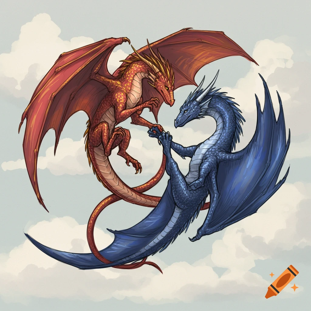 Two red and blue dragons flying in a circle against a cloudy sky, sketch art style.