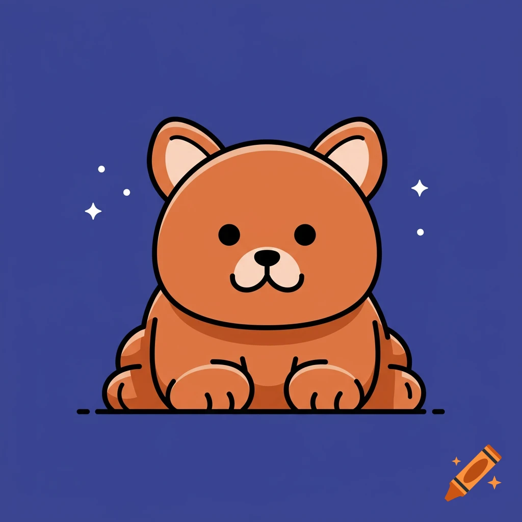 Cute cartoon brown bear cub or dog illustration on a blue background with stars.