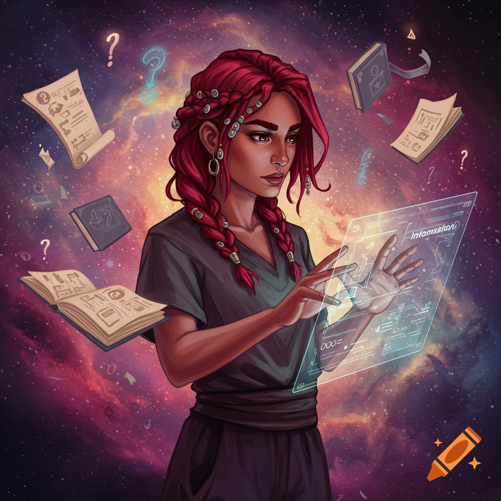 A woman with red braids interacts with a holographic screen, surrounded by floating books and question marks in space.
