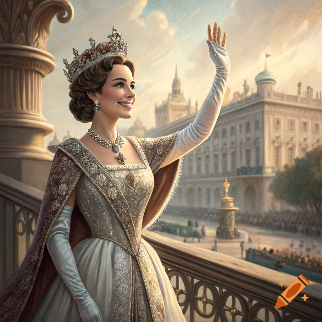 A queen in a crown and elaborate dress waves to a crowd from a balcony. Illustrative style.