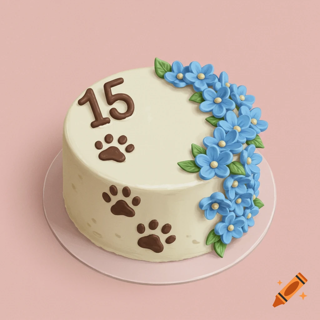Circle cake with blue flowers, number 15, and paw prints decoration mock-up design idea for party cake decorations DIY bake off ideas inspiration trends birthday cake decoration ideas bakeries baking food cakes fondant frosting buttercream icing fillings toppings cakes occasion seasonal flavors techniques recipes decorating tips presentation serving storage cake decorating for beginners intermediate advanced cake art edible art cake design