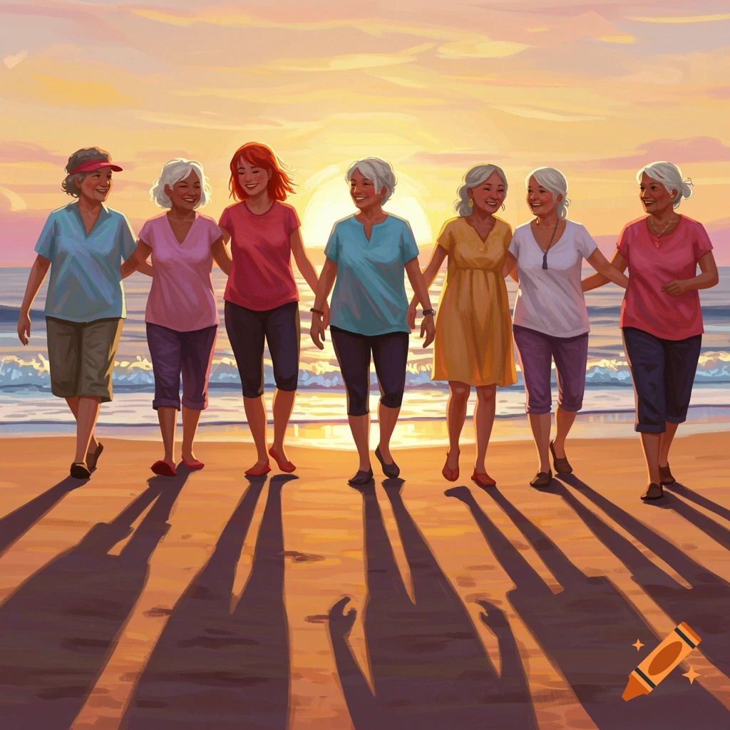 A group of older women walks on a beach at sunset