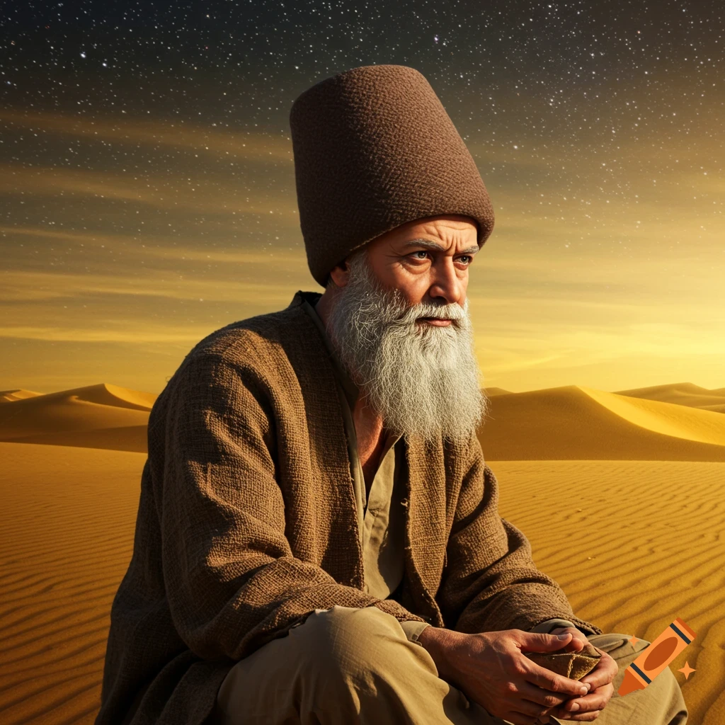 An old mystic with a long beard and tall hat sits in a desert under a starry sky.