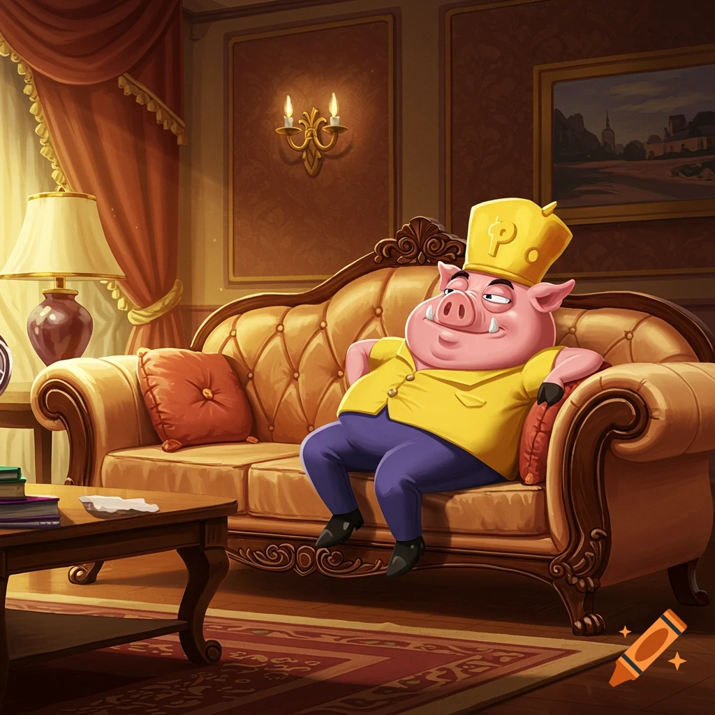 A cartoon pig wearing a yellow shirt and a yellow crown sits on a brown leather sofa in a richly decorated room.