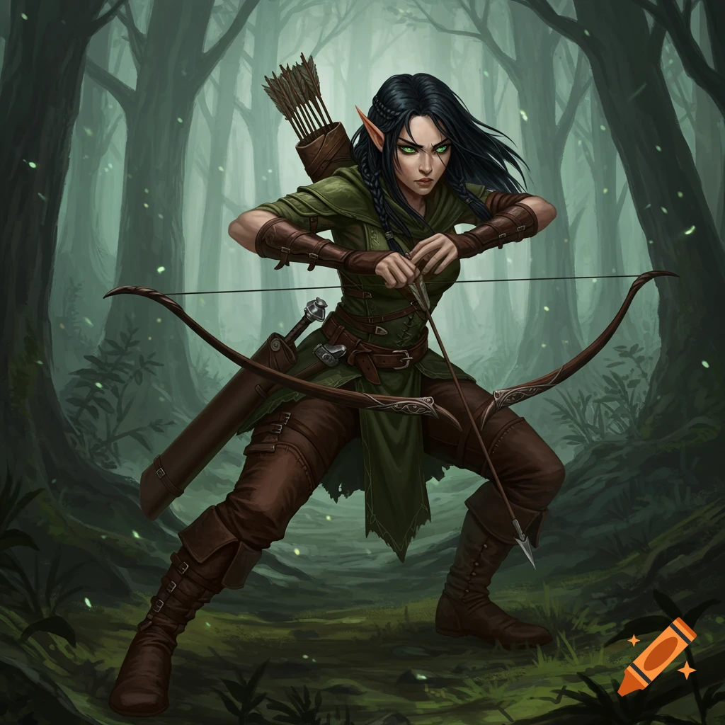 Fantasy art of an elven huntress with a longbow in a forest.