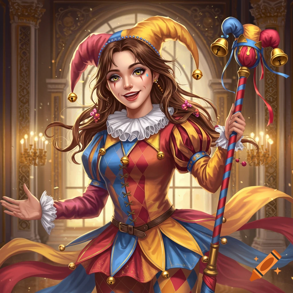 A beautiful woman in a colorful jester costume with bells and a jester staff stands in an ornate room.