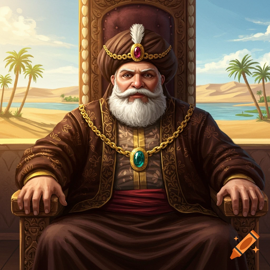 A historical or fantasy noble sits on a throne in a desert.